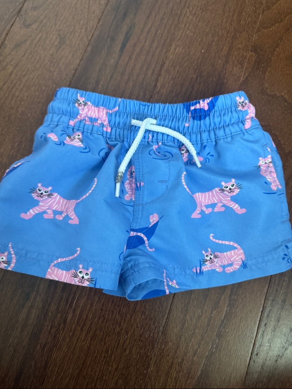 The Beaufort Bonnet Company Blue Swim Trunks with Pink Cat Print